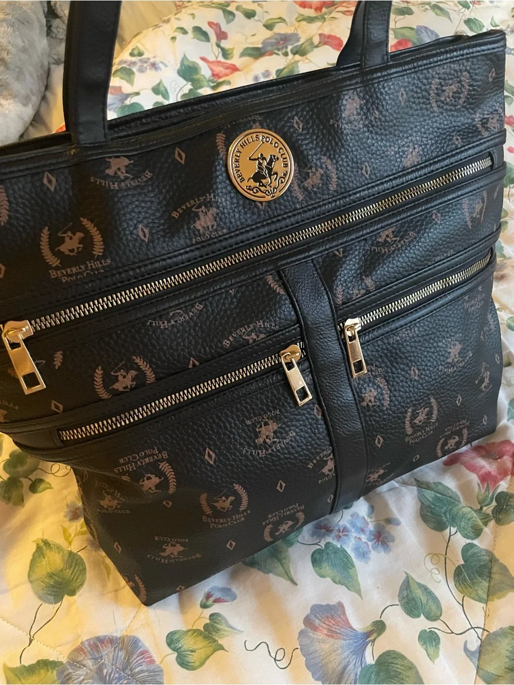 Beverly Hills Polo Club Black & Brown Logo Tote with Gold Hardware 12x16